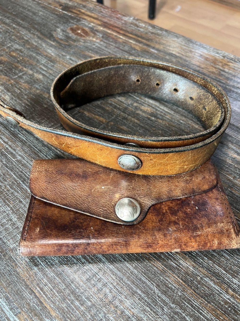 Vintage Nickel Indian Head Leather Belt and Wallet.